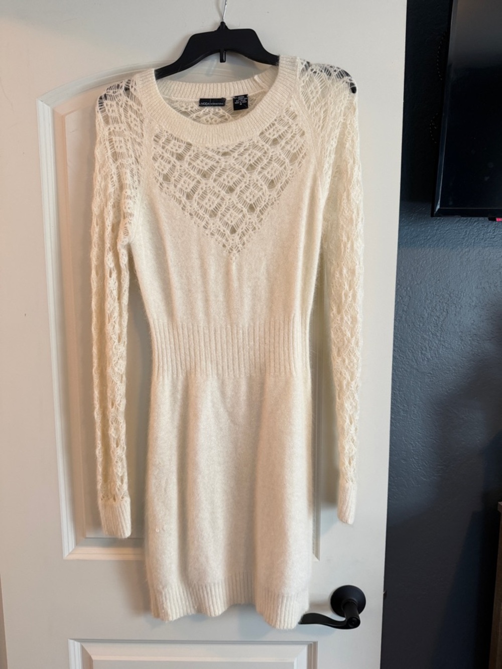 Women's Cream Angora Knit Lace-Detail Dress